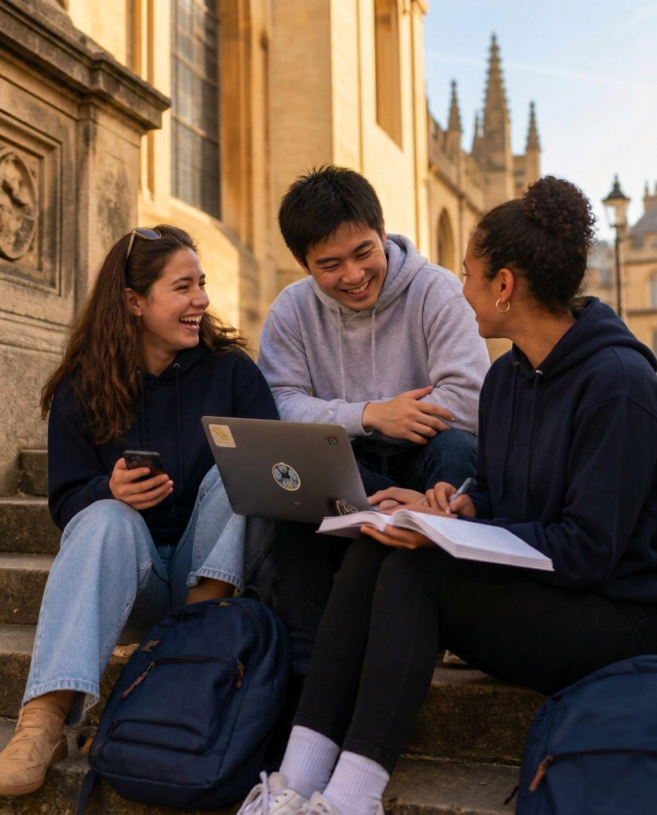 A group of students studying abroad chatting outside a European university building